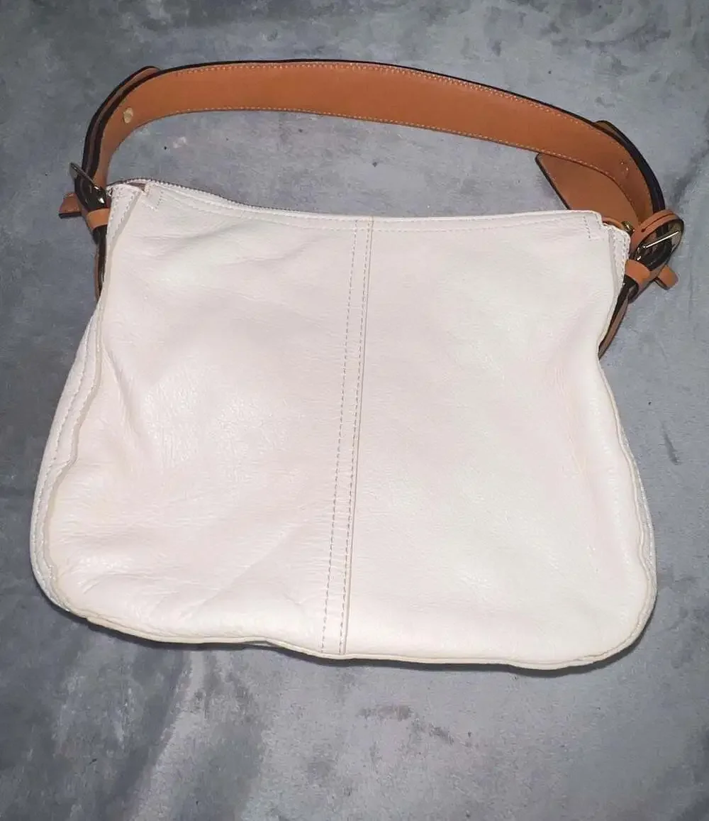 Lauren Ralph Lauren Pebbled Leather White and Tan Shoulder Bag Hobo